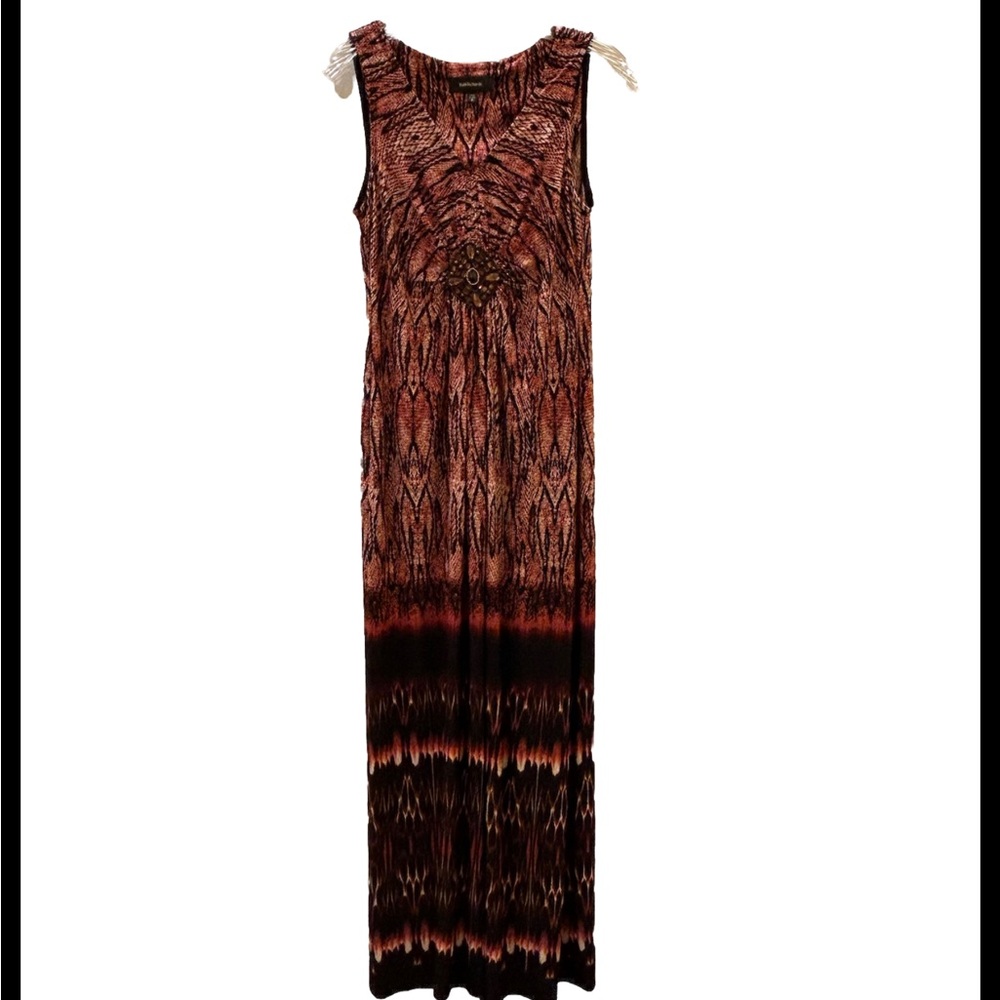 R&M Richards Boho Maxi Dress Sz 8 Rust/Black Southwest Beaded Sleeveless NWOT